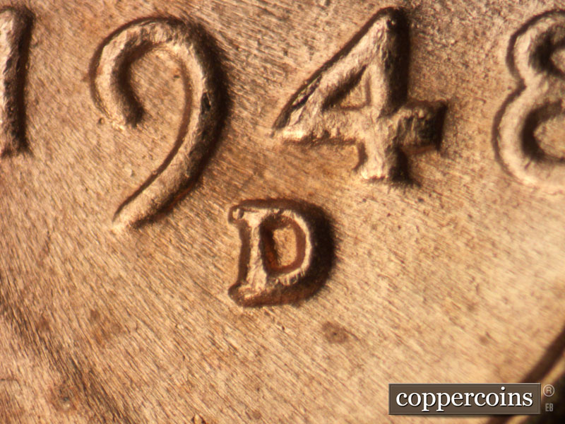 Die-stage C marker on 1948D•1MM•020 (1948 Repunched Mint Mark).