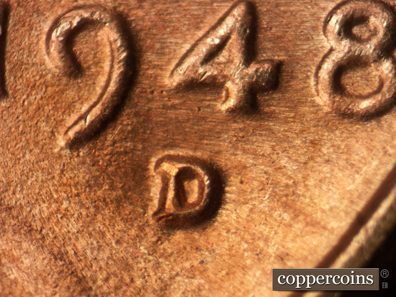 Die-stage C marker on 1948D•1MM•022 (1948 Repunched Mint Mark).