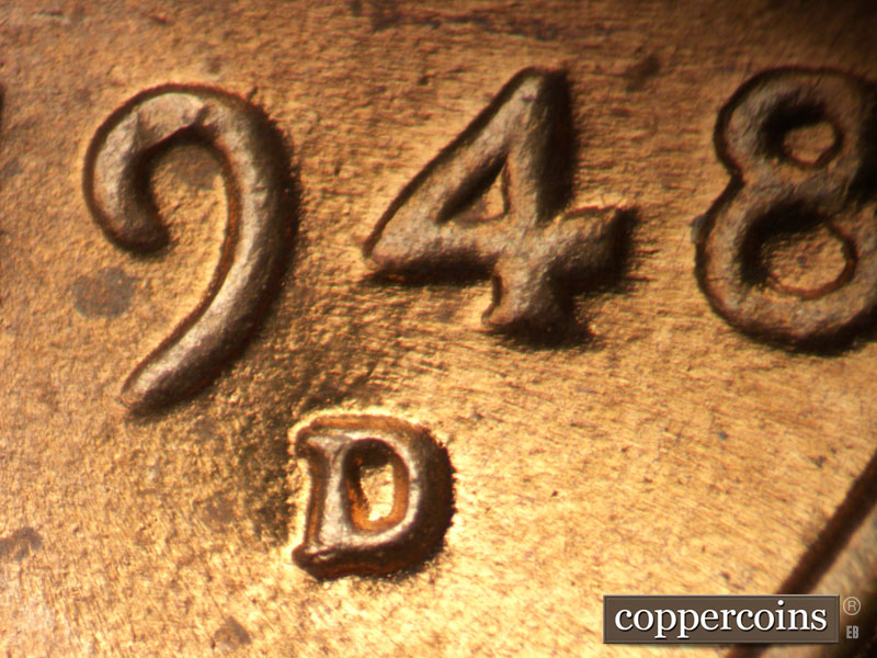 1948 Lincoln cent obverse, CopperCoins die 1948D•1MM•025.