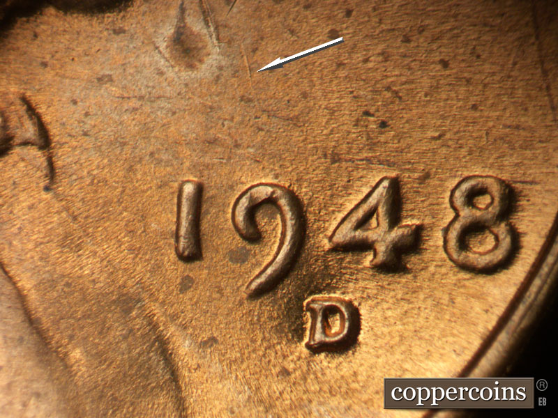 Die-stage B marker on 1948D•1MM•025 (1948 Repunched Mint Mark).