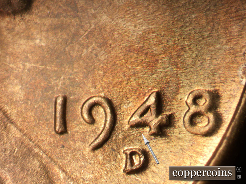 Die-stage C marker on 1948D•1MM•026 (1948 Repunched Mint Mark).