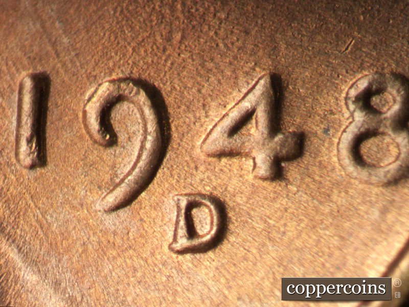 1948 Lincoln cent obverse, CopperCoins die 1948D•1MM•027.
