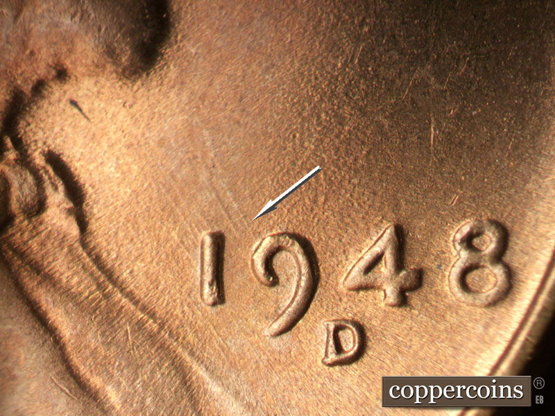 Die-stage B marker on 1948D•1MM•027 (1948 Repunched Mint Mark).
