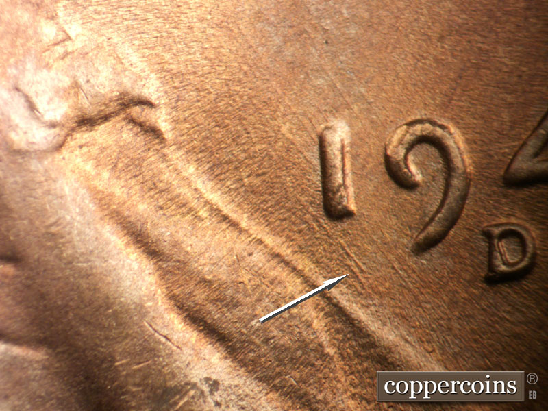 Die-stage B marker on 1948D•1MM•027 (1948 Repunched Mint Mark).