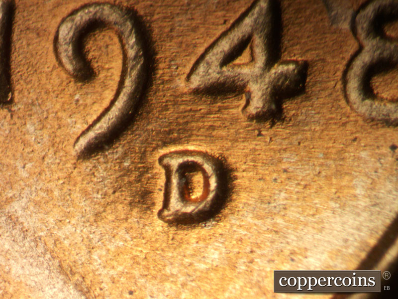 1948 Lincoln cent obverse, CopperCoins die 1948D•1MM•028.