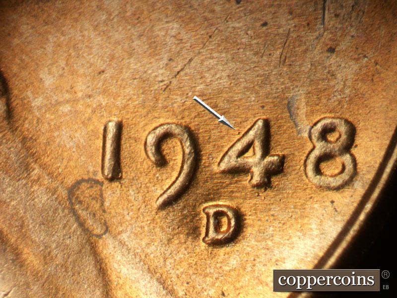 Die-stage B marker on 1948D•1MM•028 (1948 Repunched Mint Mark).