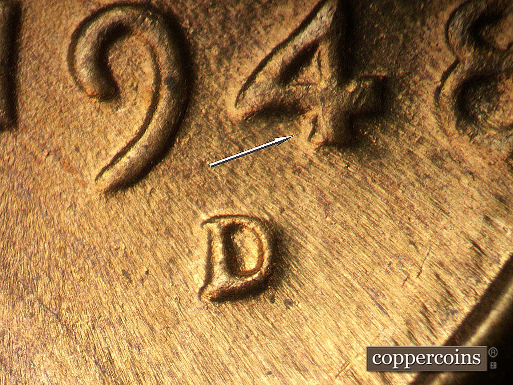 Die-stage D marker on 1948D•1MM•029 showing Closeup of repunched mintmark. Die gouge near lower 4 in date.