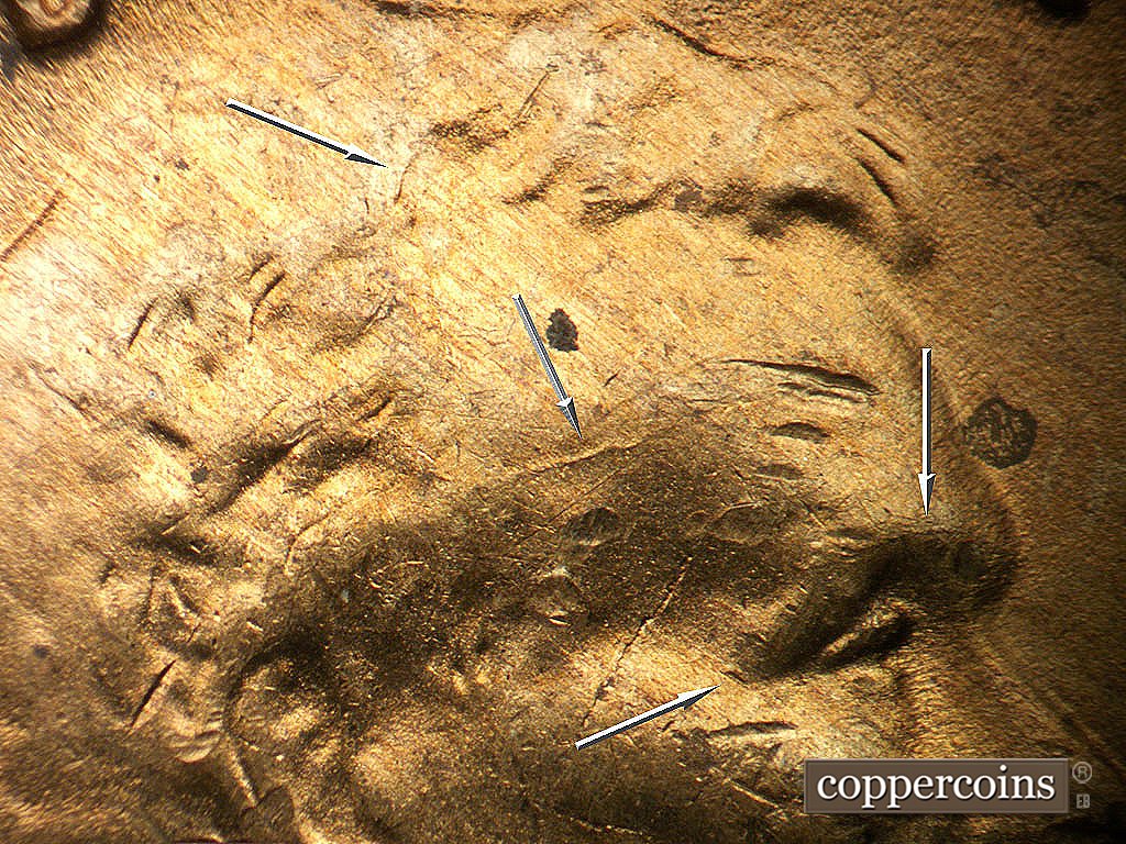 Die-stage D marker on 1948D•1MM•029 showing Die carck in hair, Die crack on forehead, Die crack on brow, Die dot near eye.
