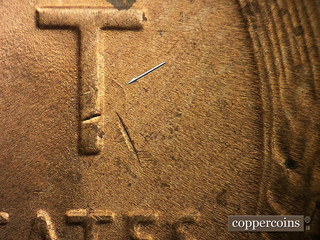 Die-stage D marker on 1948D•1MM•029 showing Die crack from middle T in CENT.
