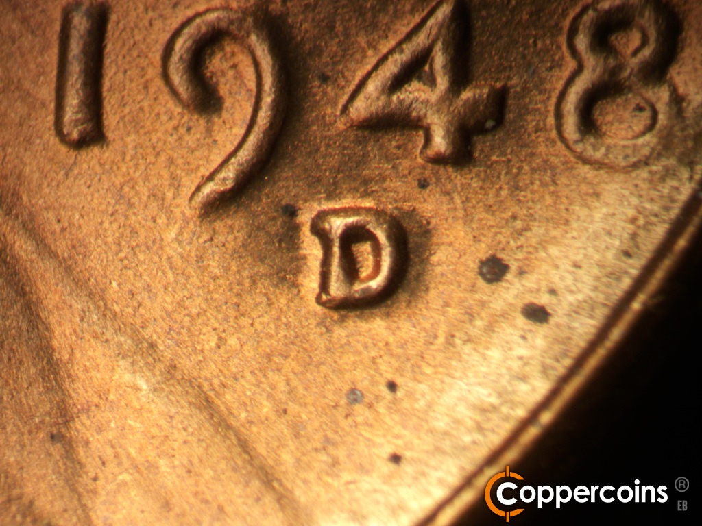 Die-stage C marker on 1948D•1MM•030 showing Closeup of repunched mint mark.