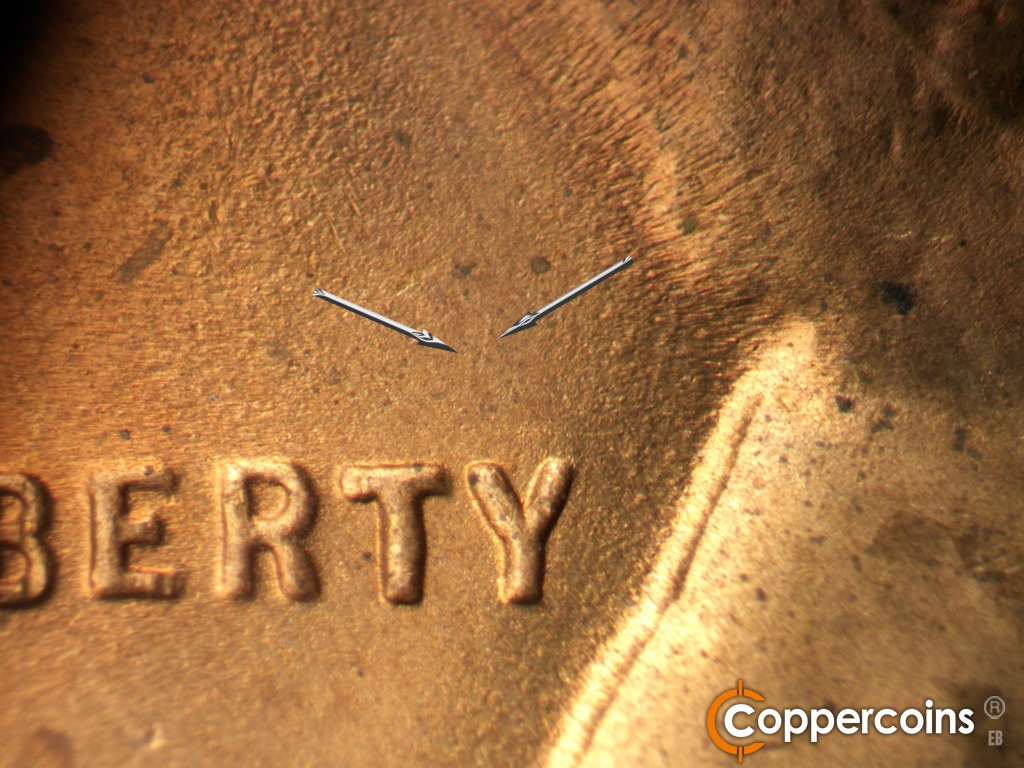 Die-stage C marker on 1948D•1MM•030 showing Remnents of NNE die scratches from top left of Y in LIBERTY.
