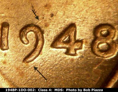 Die-stage B marker on 1948P•1DO•002 (1948 Doubled Die Obverse).