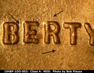 Die-stage B marker on 1948P•1DO•002 (1948 Doubled Die Obverse).