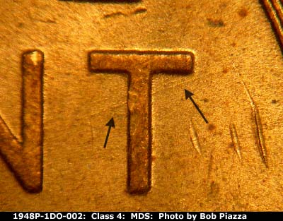 Die-stage B marker on 1948P•1DO•002 (1948 Doubled Die Obverse).