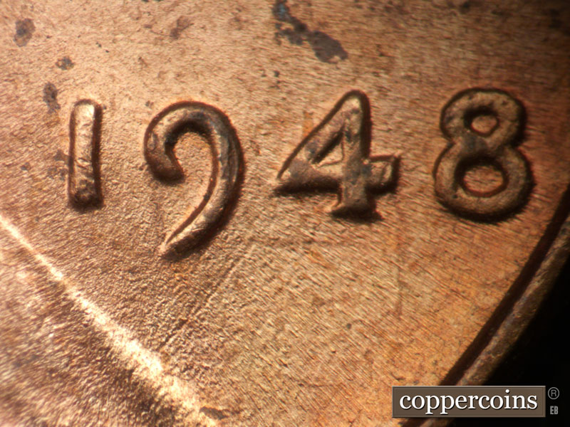 Die-stage B marker on 1948P•1DO•004 (1948 Doubled Die Obverse).