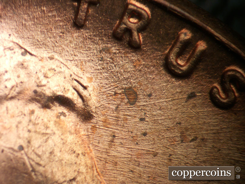 Die-stage B marker on 1948P•1DO•004 (1948 Doubled Die Obverse).