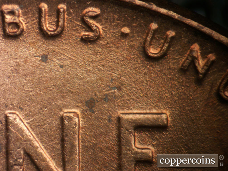 Die-stage B marker on 1948P•1DO•004 (1948 Doubled Die Obverse).
