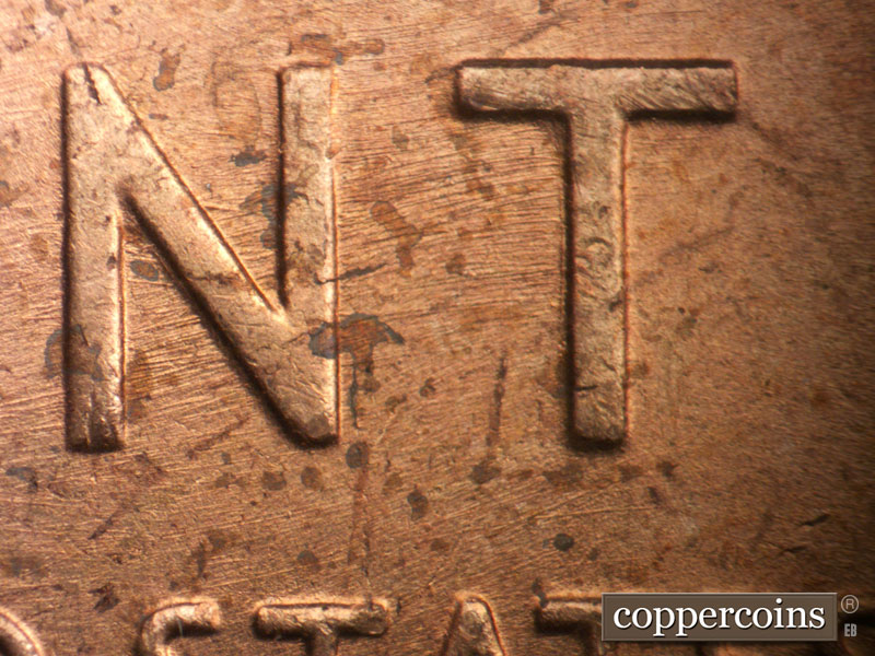 Die-stage B marker on 1948P•1DO•004 (1948 Doubled Die Obverse).