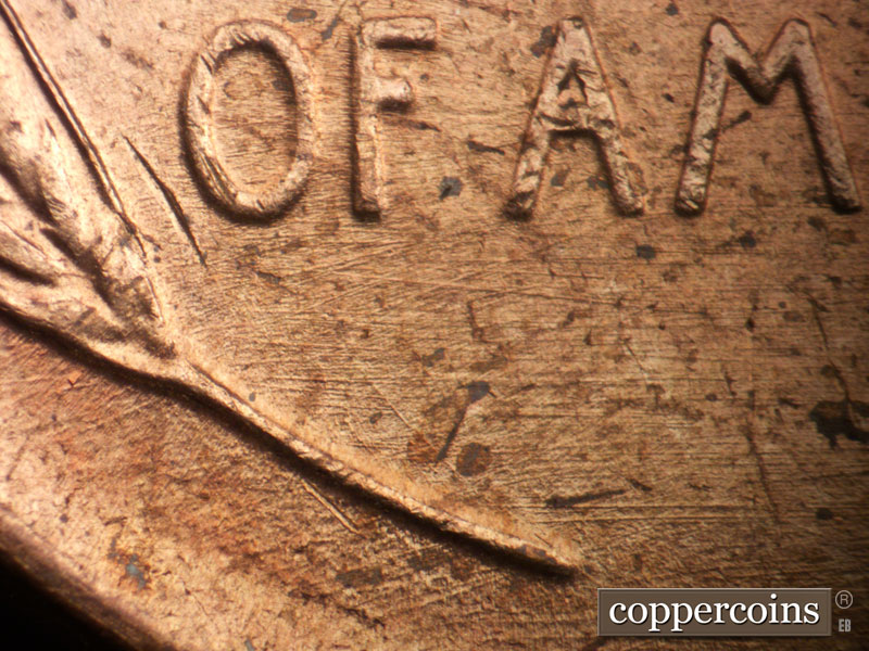 Die-stage B marker on 1948P•1DO•004 (1948 Doubled Die Obverse).