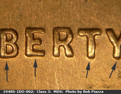 Die-stage B marker on 1948S•1DO•002 (1948 Doubled Die Obverse).
