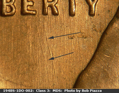 Die-stage B marker on 1948S•1DO•002 (1948 Doubled Die Obverse).