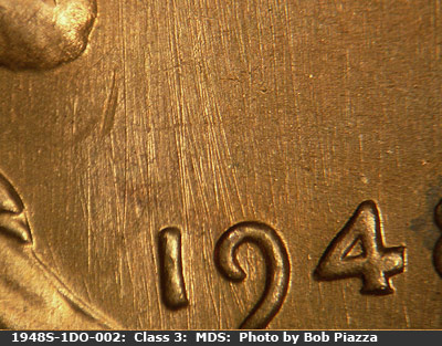 Die-stage B marker on 1948S•1DO•002 (1948 Doubled Die Obverse).
