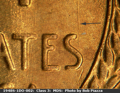 Die-stage B marker on 1948S•1DO•002 (1948 Doubled Die Obverse).