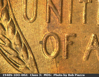 Die-stage B marker on 1948S•1DO•002 (1948 Doubled Die Obverse).
