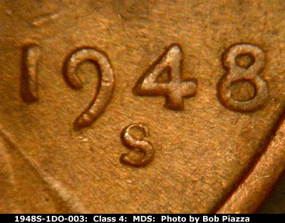 Die-stage B marker on 1948S•1DO•003 (1948 Doubled Die Obverse).
