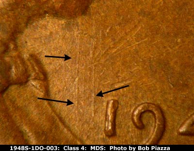 Die-stage B marker on 1948S•1DO•003 (1948 Doubled Die Obverse).