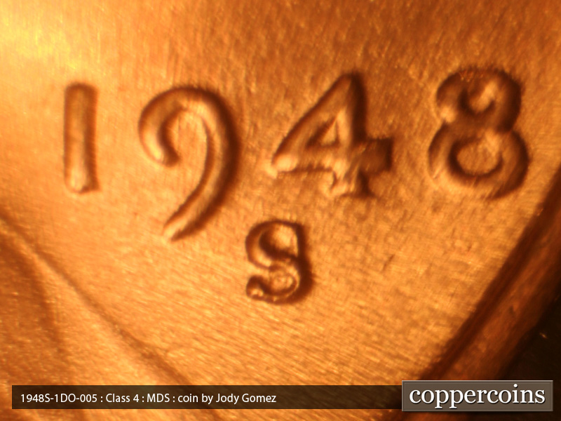 Die-stage B marker on 1948S•1DO•005 (1948 Doubled Die Obverse).