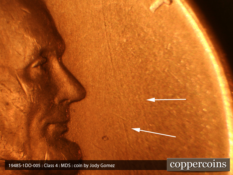 Die-stage B marker on 1948S•1DO•005 (1948 Doubled Die Obverse).