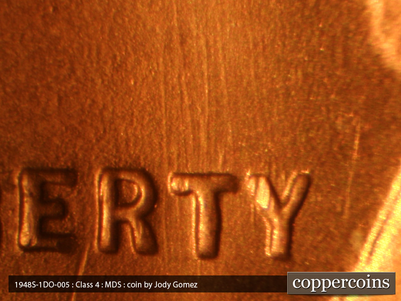 Die-stage B marker on 1948S•1DO•005 (1948 Doubled Die Obverse).