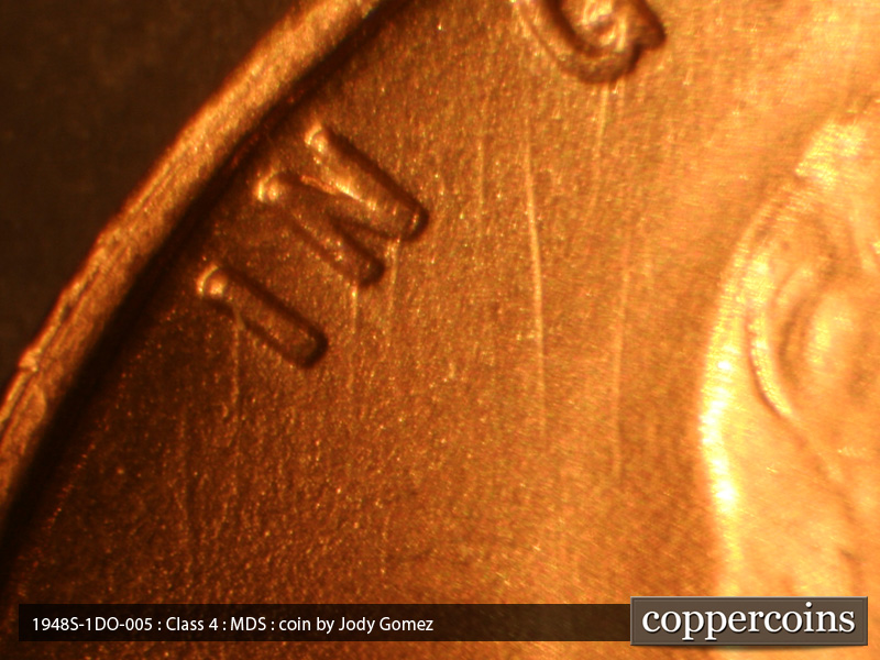 Die-stage B marker on 1948S•1DO•005 (1948 Doubled Die Obverse).