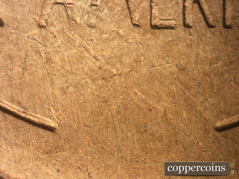 Die-stage B marker on 1948S•1DR•001 (1948 Doubled Die Reverse).