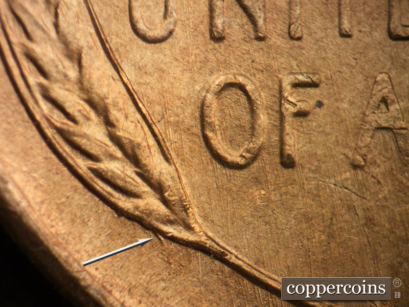 Die-stage B marker on 1948S•1DR•001 (1948 Doubled Die Reverse).