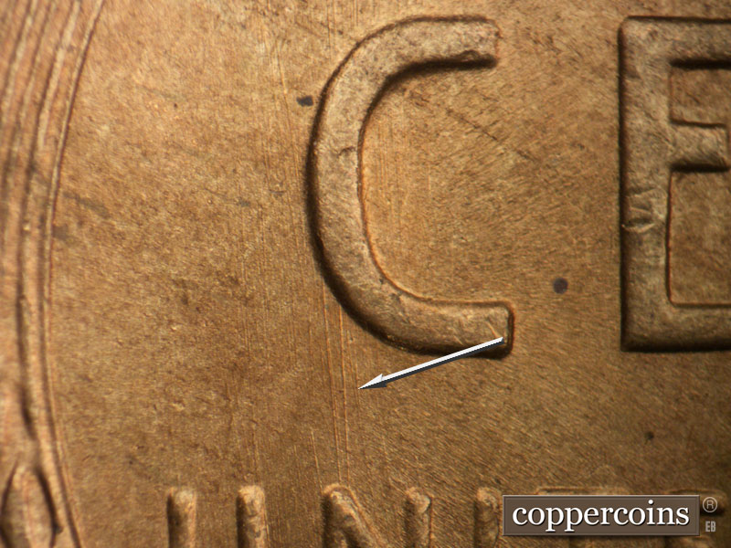 Die-stage B marker on 1948S•1DR•001 (1948 Doubled Die Reverse).