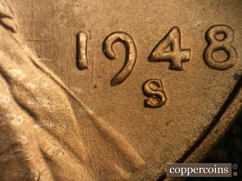 Die-stage B marker on 1948S•1DR•001 (1948 Doubled Die Reverse).