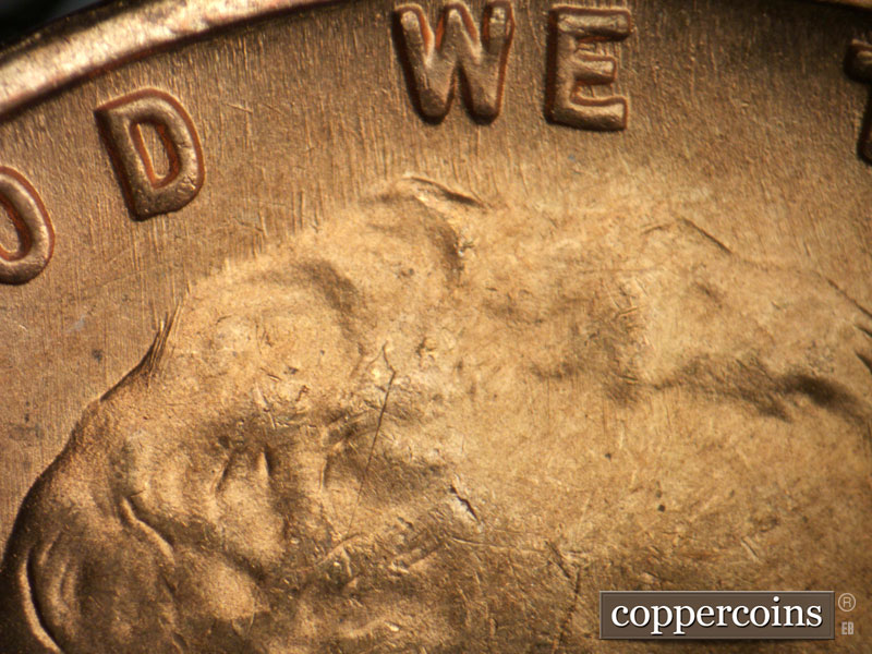 Die-stage B marker on 1948S•1DR•001 (1948 Doubled Die Reverse).