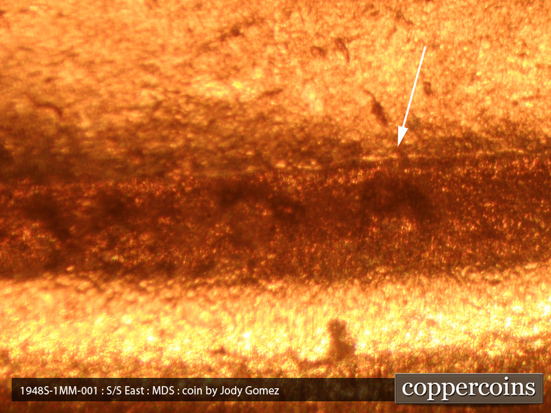 Die-stage B marker on 1948S•1MM•001 (1948 Repunched Mint Mark).