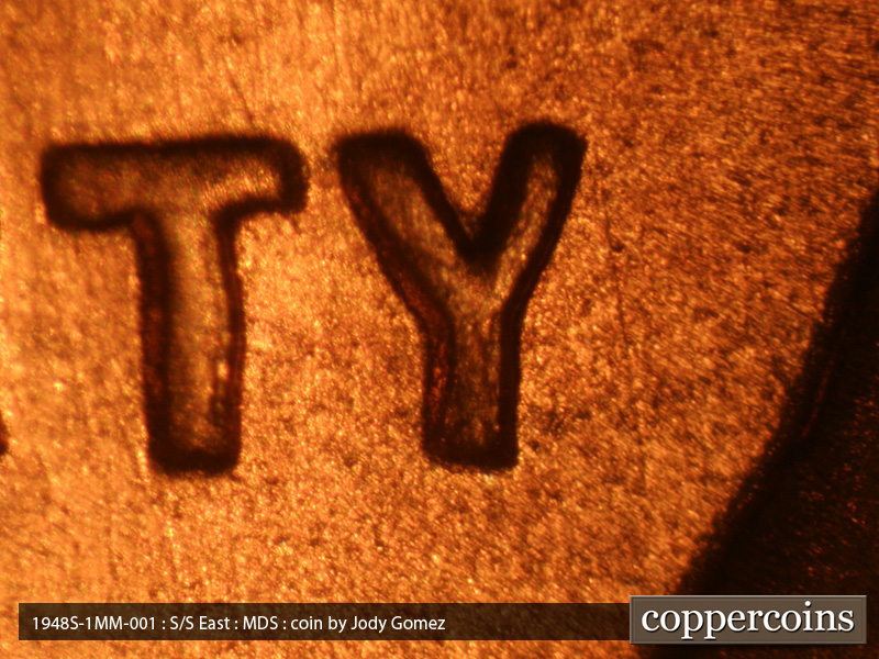 Die-stage B marker on 1948S•1MM•001 (1948 Repunched Mint Mark).