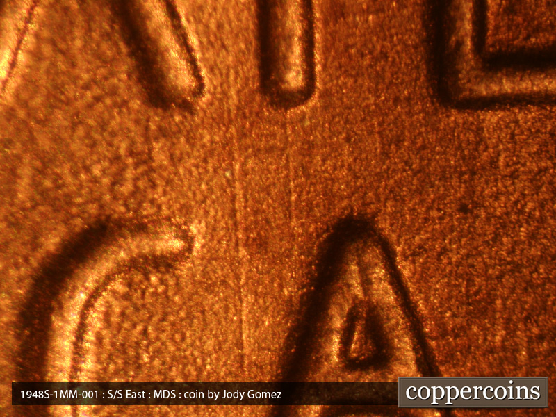Die-stage B marker on 1948S•1MM•001 (1948 Repunched Mint Mark).