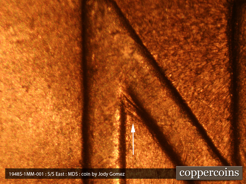Die-stage B marker on 1948S•1MM•001 (1948 Repunched Mint Mark).