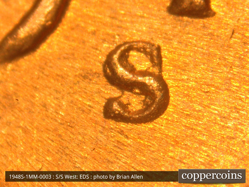 Die-stage A marker on 1948S•1MM•003 (1948 Repunched Mint Mark).