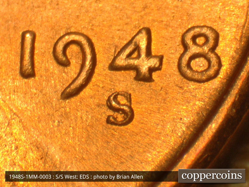 Die-stage A marker on 1948S•1MM•003 (1948 Repunched Mint Mark).