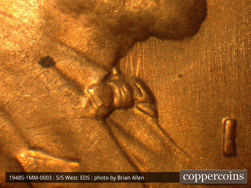 Die-stage A marker on 1948S•1MM•003 (1948 Repunched Mint Mark).