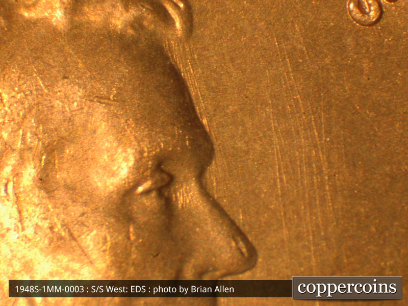 Die-stage A marker on 1948S•1MM•003 (1948 Repunched Mint Mark).