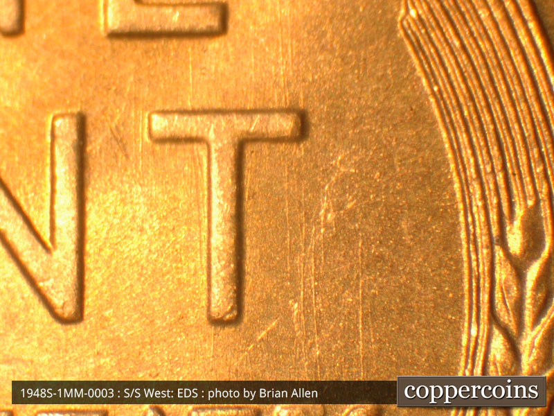 Die-stage A marker on 1948S•1MM•003 (1948 Repunched Mint Mark).