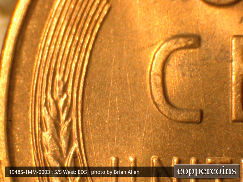 Die-stage A marker on 1948S•1MM•003 (1948 Repunched Mint Mark).