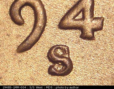 1948 Lincoln cent obverse, CopperCoins die 1948S•1MM•004.